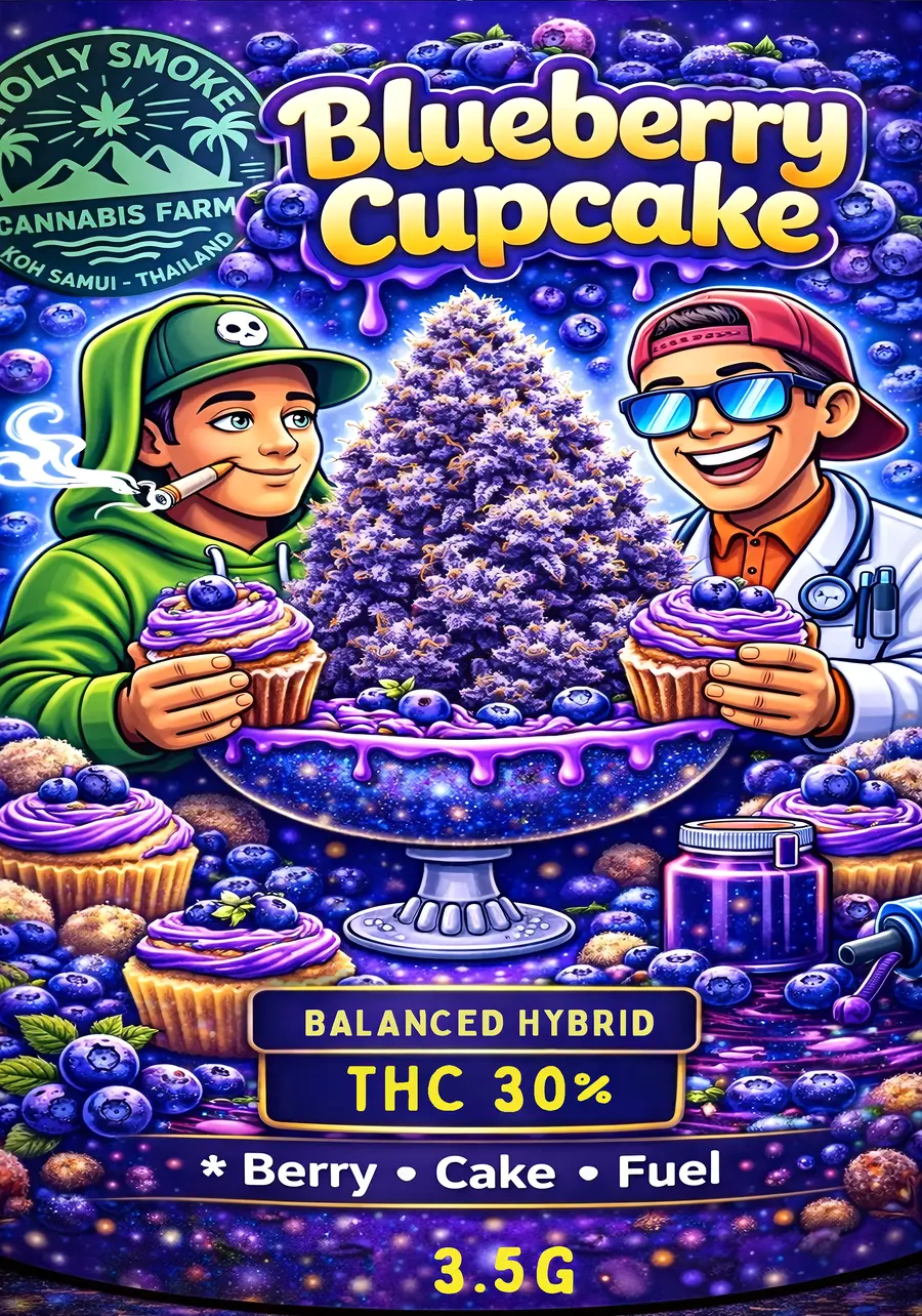 Holly Smoke Blueberry Cupcake official front packaging — 30% THC Indica Hybrid, Koh Samui Thailand