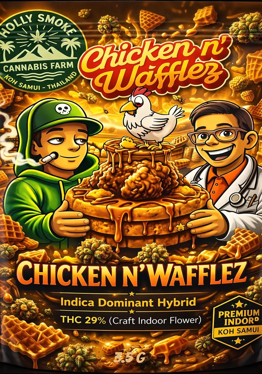 Holly Smoke Chicken N'Wafflez official front packaging — 29% THC Indica Dominant Hybrid, Koh Samui Thailand