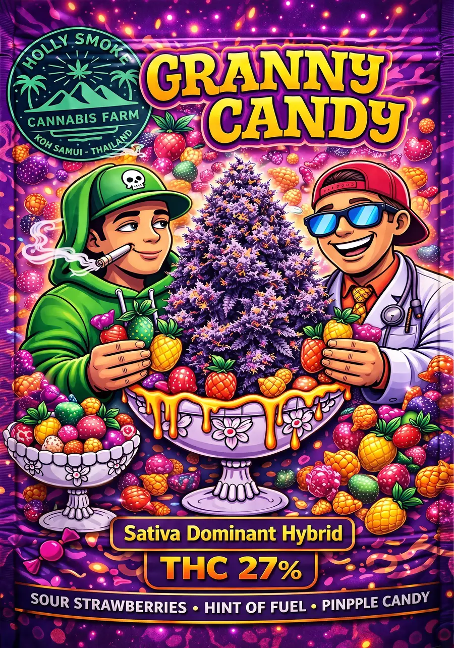 Holly Smoke Granny Candy official front packaging — 27% THC Sativa Dominant Hybrid, Koh Samui Thailand