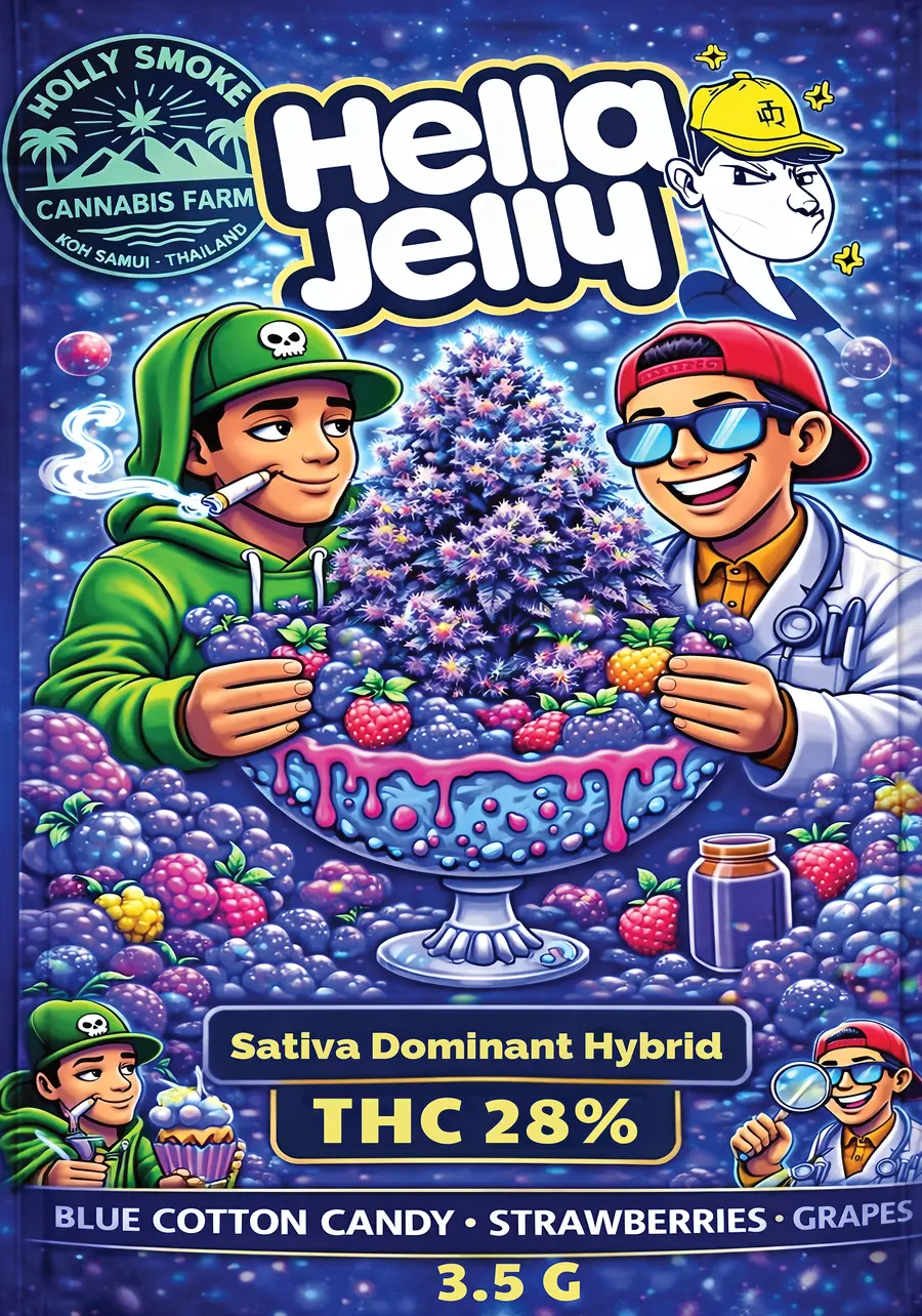 Holly Smoke Hella Jelly Bx3 official front packaging — 28% THC Sativa Dominant Hybrid, Koh Samui Thailand