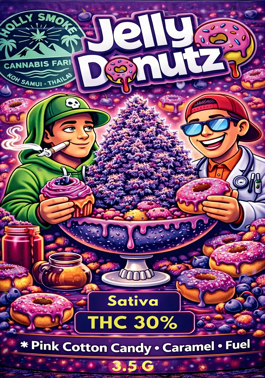 Holly Smoke Jelly DonutZ official front packaging — 30% THC Sativa Hybrid, Koh Samui Thailand