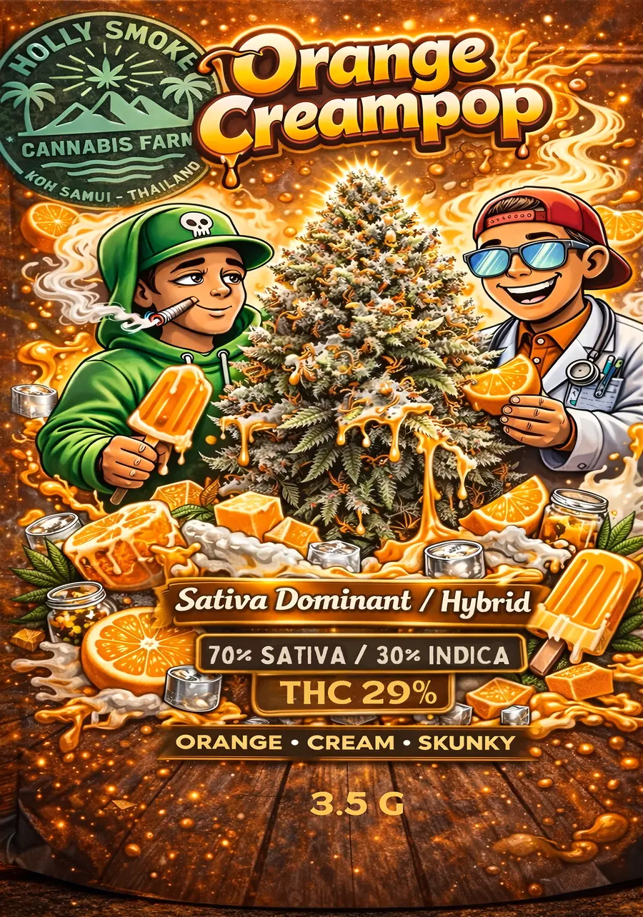 Holly Smoke Orange CreaPops official front packaging — 30% THC Sativa, Koh Samui Thailand
