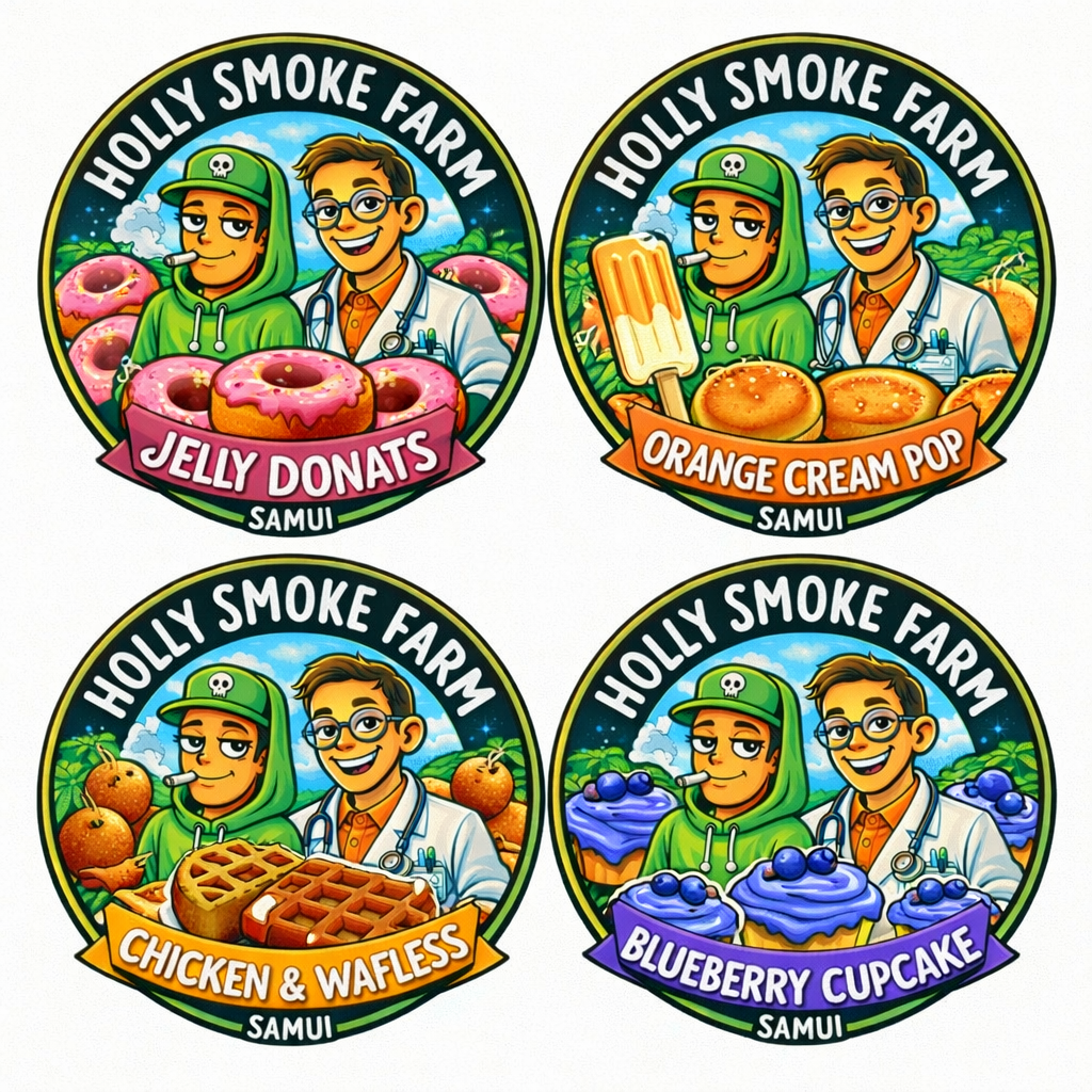 Holly Smoke Farm Bloom 1 strain badges — Jelly Donuts, Orange Cream Pop, Chicken Waffles, Blueberry Cupcake, Koh Samui Thailand